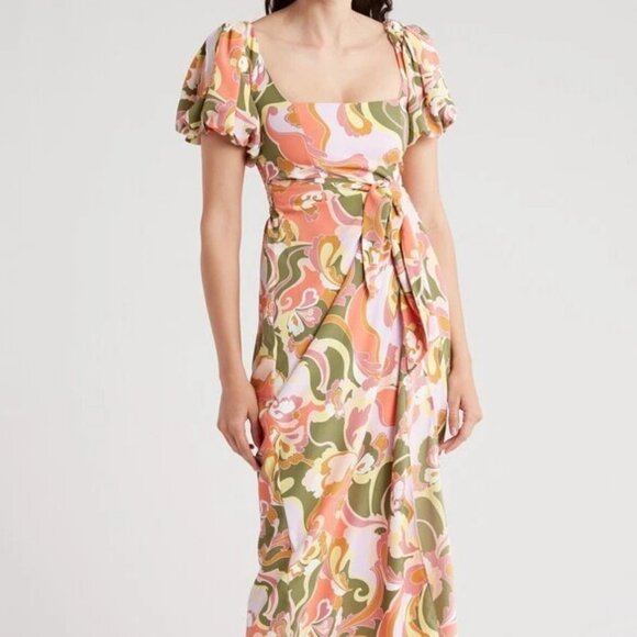 Show Me Your Mumu Danielle Tie Waist Puff Sleeve Retro Blooms Dress.  S - Picture 1 of 7